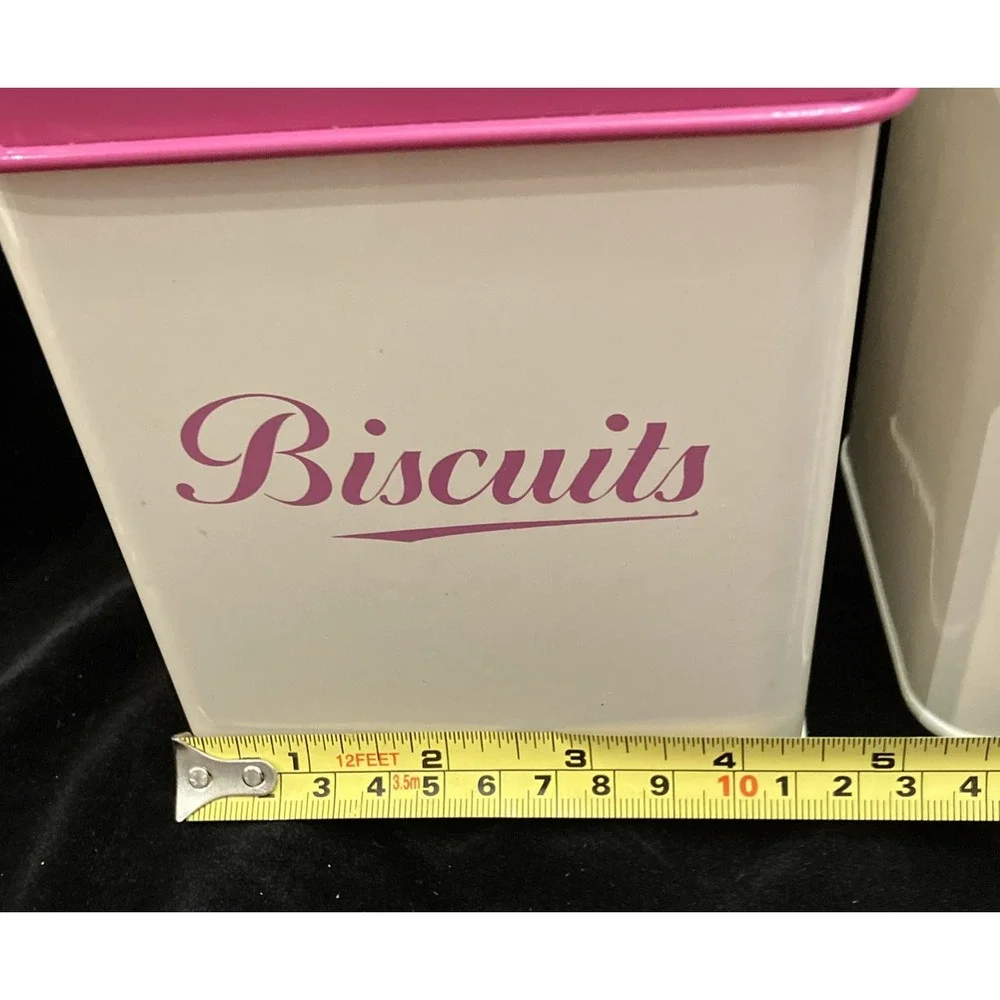 Retro Metal Square Biscuits & Tea Canister Set Off-White w/ Hot Pink Lids Dorm